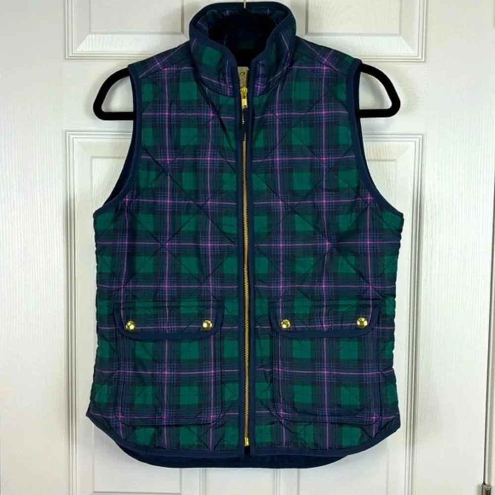 J. Crew navy, green and purple tartan zip up puffer vest sz xs